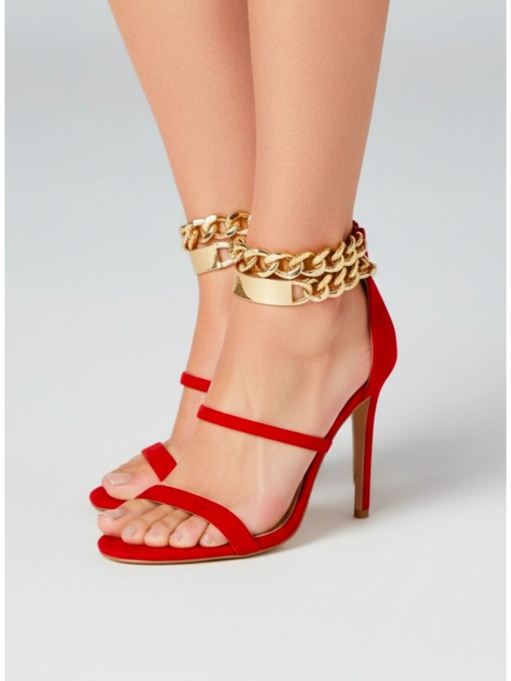 Red High Heel Sandals With Gold Chain Ankle Strap & Back Zipper Elegant Party Sh
